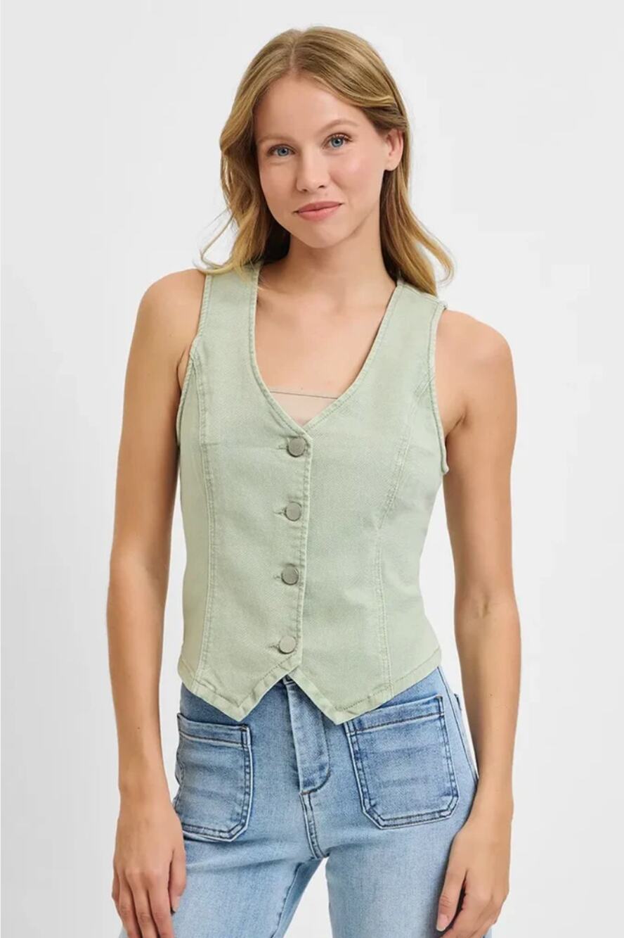 Risen V Neck Button Down Denim Vest Pistachio Green Size S